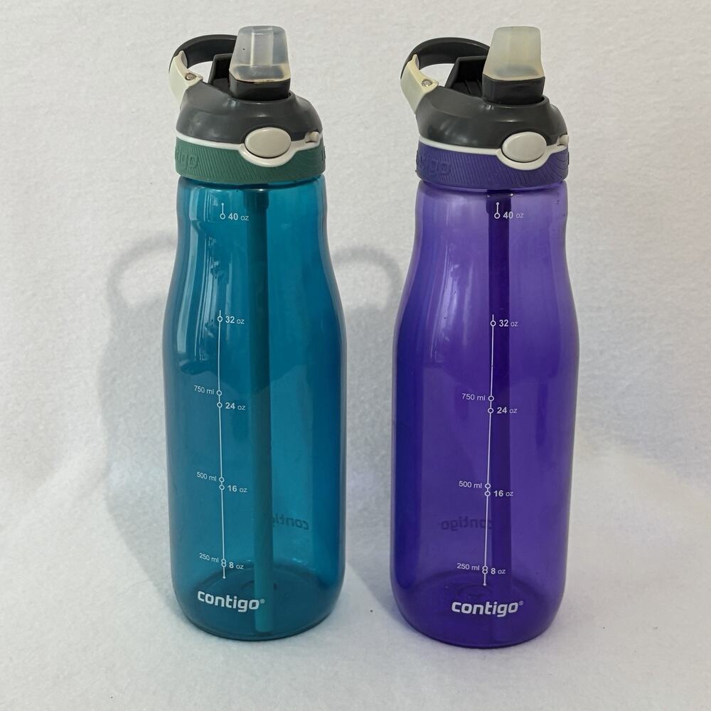 Contigo LOT OF TWO AutoSpout Water Bottles 40oz. Clippable Lid Purple & Teal